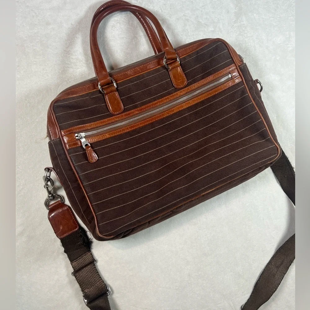 Mulholland Cotton Canvas Leather Made in England Classic Briefcase Striped
